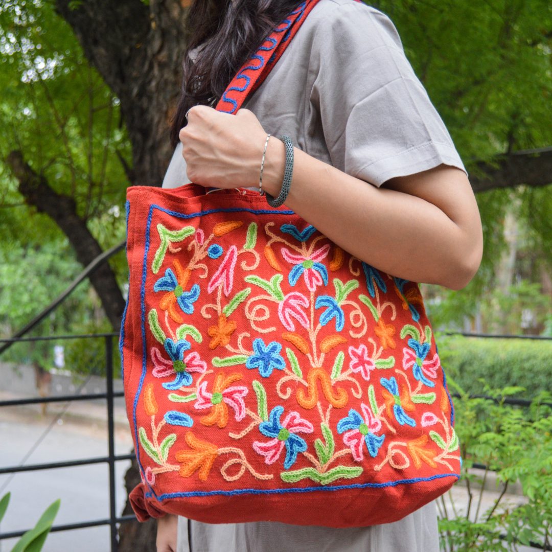 Tote Bag- Crewel Work Hand Embroidered Kashmiri Art Moksha - Main Image